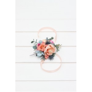  Wedding boutonnieres and wrist corsage  in magenta peach coral dusty blue color scheme. Flower accessories. 5286