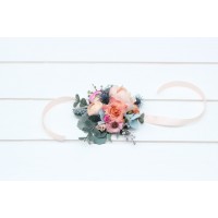  Wedding boutonnieres and wrist corsage  in magenta peach coral dusty blue color scheme. Flower accessories. 5286