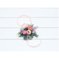  Wedding boutonnieres and wrist corsage  in magenta peach coral dusty blue color scheme. Flower accessories. 5286