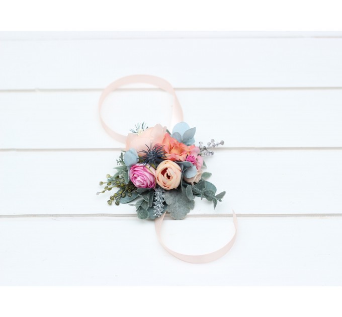 Wedding Boutonnieres & Wrist Corsage in Magenta, Peach, Coral & Dusty Blue | Faux Flower Accessories