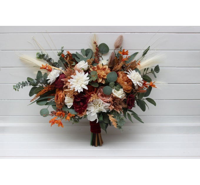 Wedding Bouquets in Cinnamon, Ivory, Burgundy & Orange | Faux Bridal & Bridesmaid Bouquets