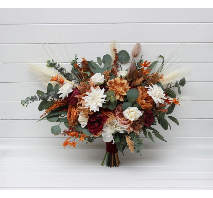 Wedding Bouquets in Cinnamon, Ivory, Burgundy & Orange | Faux Bridal & Bridesmaid Bouquets
