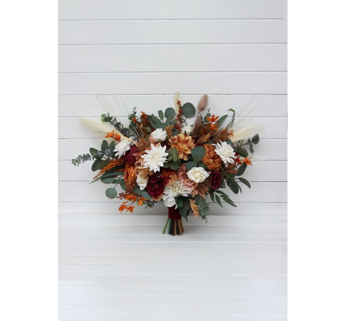 Wedding Bouquets in Cinnamon, Ivory, Burgundy & Orange | Faux Bridal & Bridesmaid Bouquets