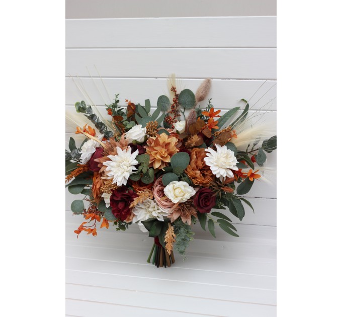 Wedding Bouquets in Cinnamon, Ivory, Burgundy & Orange | Faux Bridal & Bridesmaid Bouquets
