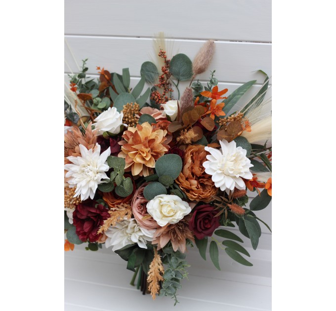 Wedding Bouquets in Cinnamon, Ivory, Burgundy & Orange | Faux Bridal & Bridesmaid Bouquets