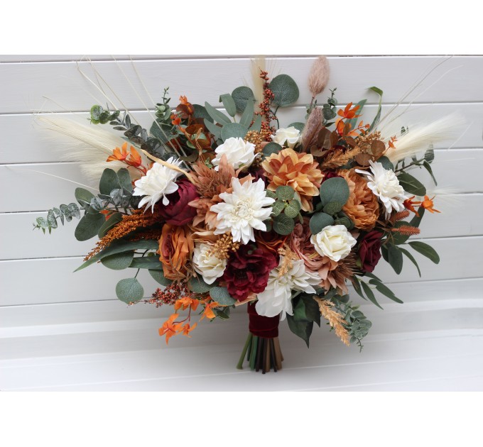 Wedding Bouquets in Cinnamon, Ivory, Burgundy & Orange | Faux Bridal & Bridesmaid Bouquets