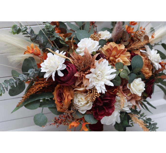 Wedding Bouquets in Cinnamon, Ivory, Burgundy & Orange | Faux Bridal & Bridesmaid Bouquets