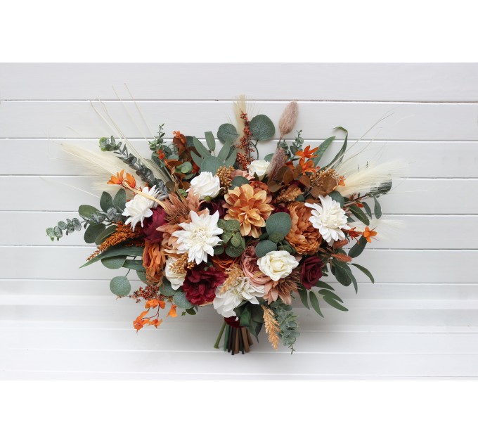 Wedding Bouquets in Cinnamon, Ivory, Burgundy & Orange | Faux Bridal & Bridesmaid Bouquets