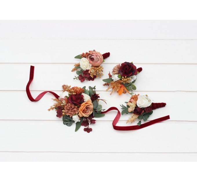 Wedding Boutonnieres & Wrist Corsage in Cinnamon, Ivory, Burgundy & Orange | Faux Flower Accessories