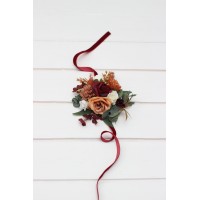  Wedding boutonnieres and wrist corsage  in cinnamon ivory burgundy orange color scheme. Flower accessories. 5287