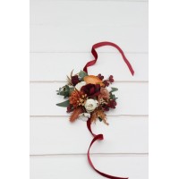  Wedding boutonnieres and wrist corsage  in cinnamon ivory burgundy orange color scheme. Flower accessories. 5287