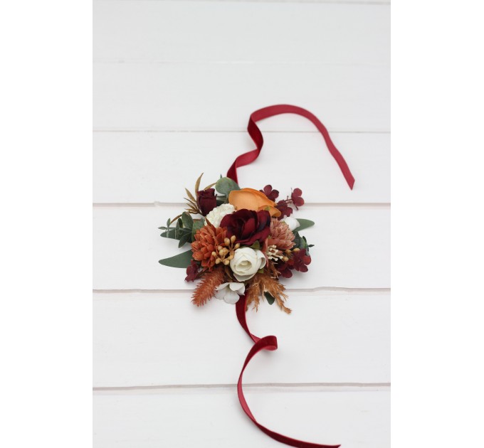 Wedding Boutonnieres & Wrist Corsage in Cinnamon, Ivory, Burgundy & Orange | Faux Flower Accessories