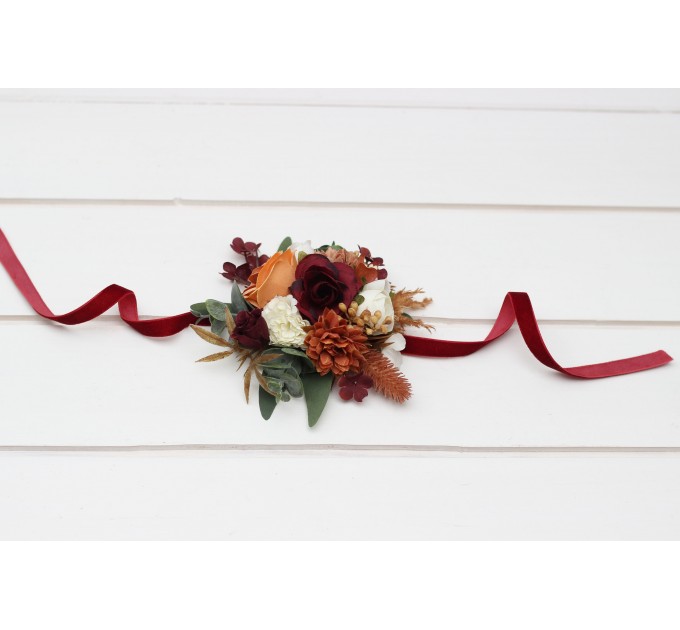 Wedding Boutonnieres & Wrist Corsage in Cinnamon, Ivory, Burgundy & Orange | Faux Flower Accessories