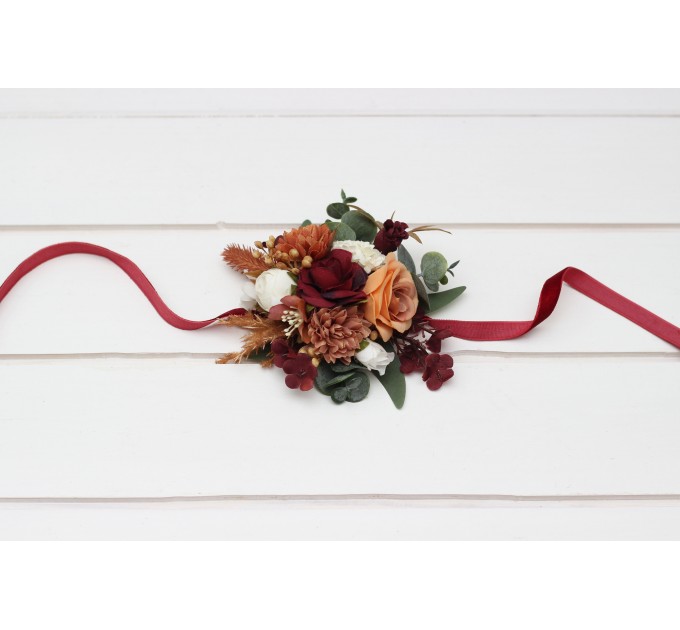 Wedding Boutonnieres & Wrist Corsage in Cinnamon, Ivory, Burgundy & Orange | Faux Flower Accessories