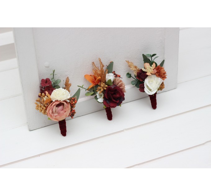 Wedding Boutonnieres & Wrist Corsage in Cinnamon, Ivory, Burgundy & Orange | Faux Flower Accessories