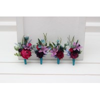  Wedding boutonnieres and wrist corsage  in teal magenta blue and purple color scheme. Flower accessories. 5225