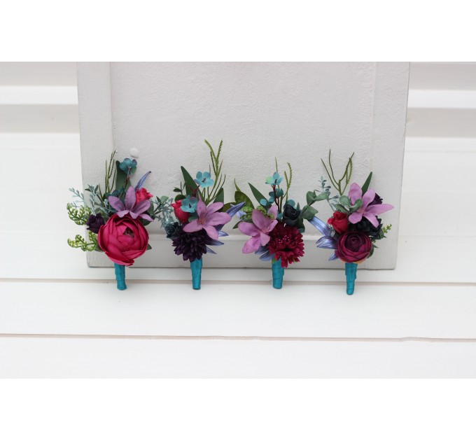 Wedding Boutonnieres & Wrist Corsage in Teal, Magenta, Blue & Purple | Faux Flower Accessories