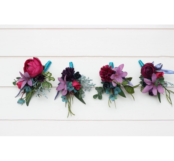 Wedding Boutonnieres & Wrist Corsage in Teal, Magenta, Blue & Purple | Faux Flower Accessories