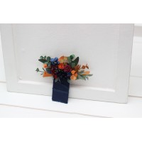 Pocket boutonniere in burgundy a navy blue and rust color scheme. Flower accessories. Pocket flowers. Square flowers. 5343