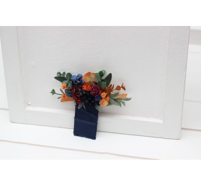 Pocket Boutonniere in Burgundy, Navy Blue & Rust | Faux Flower Accessories