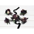 Wedding Boutonnieres & Wrist Corsage in Deep Purple, Black, Ivory & Green | Faux Flower Accessories