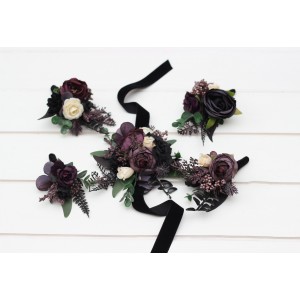  Wedding boutonnieres and wrist corsage  in deep purple black ivory green color scheme. Flower accessories. 5289
