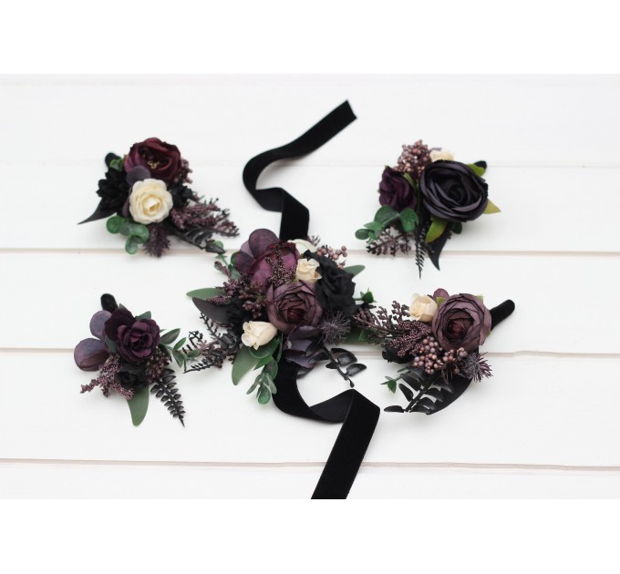 Wedding Boutonnieres & Wrist Corsage in Deep Purple, Black, Ivory & Green | Faux Flower Accessories