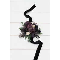  Wedding boutonnieres and wrist corsage  in deep purple black ivory green color scheme. Flower accessories. 5289