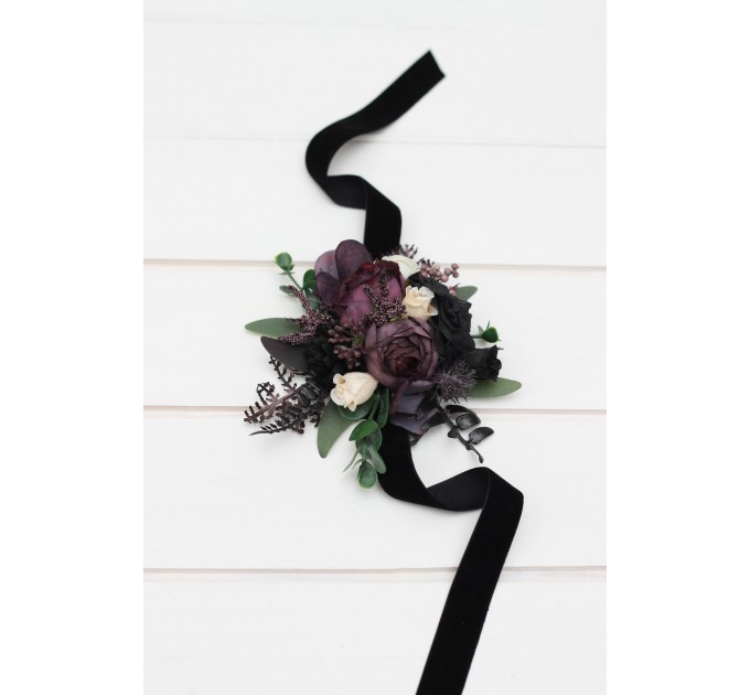 Wedding Boutonnieres & Wrist Corsage in Deep Purple, Black, Ivory & Green | Faux Flower Accessories