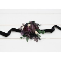  Wedding boutonnieres and wrist corsage  in deep purple black ivory green color scheme. Flower accessories. 5289