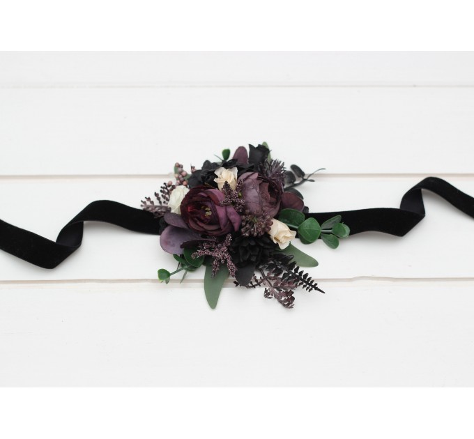 Wedding Boutonnieres & Wrist Corsage in Deep Purple, Black, Ivory & Green | Faux Flower Accessories