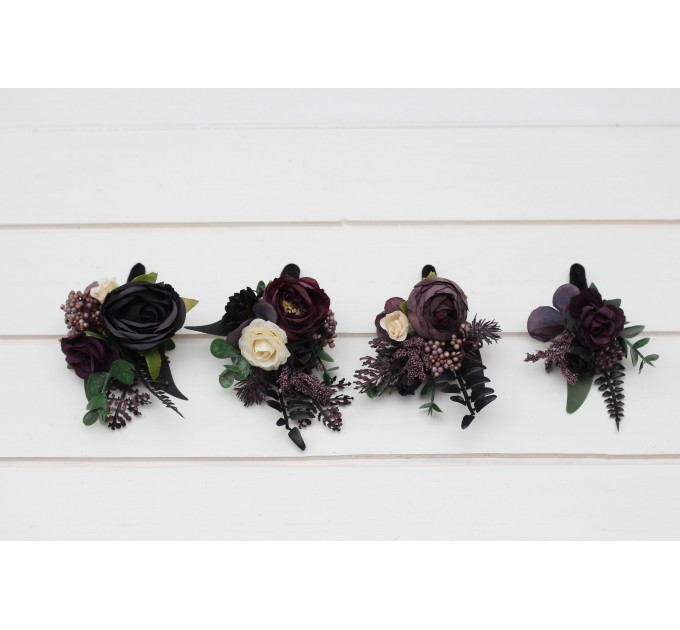 Wedding Boutonnieres & Wrist Corsage in Deep Purple, Black, Ivory & Green | Faux Flower Accessories