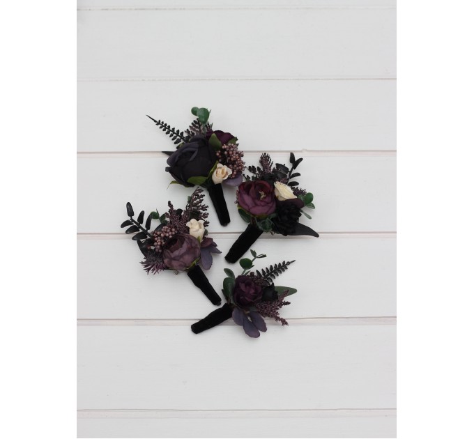 Wedding Boutonnieres & Wrist Corsage in Deep Purple, Black, Ivory & Green | Faux Flower Accessories