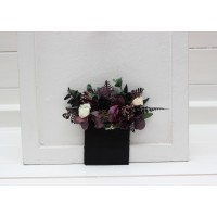 Pocket boutonniere in deep purple black ivory green color scheme. Flower accessories. Pocket flowers. Square flowers. 5289
