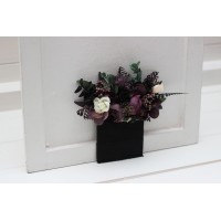 Pocket boutonniere in deep purple black ivory green color scheme. Flower accessories. Pocket flowers. Square flowers. 5289