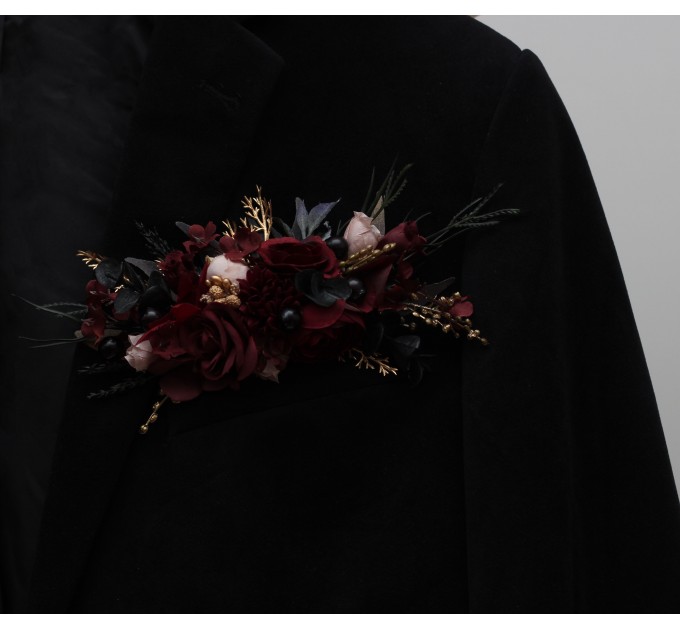 Halloween Wedding Pocket Boutonniere in Black, Burgundy, Gold & Beige | Faux Flower Accessories