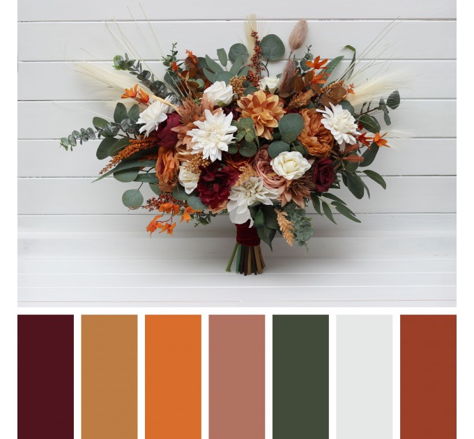 Wedding Bouquets in Cinnamon, Ivory, Burgundy & Orange | Faux Bridal & Bridesmaid Bouquets
