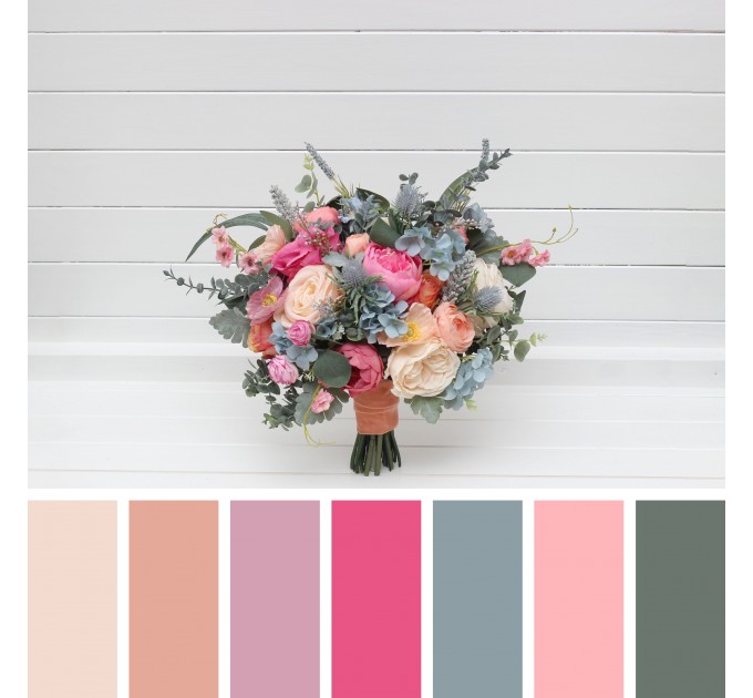 Spring & Summer Wedding Bouquets in Magenta, Peach, Coral & Dusty Blue | Faux Bridal & Bridesmaid Bouquets