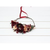 Burgundy dusty rose peach flower crown. Hair wreath. Flower girl crown. Wedding flowers. 0501