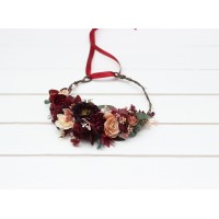 Burgundy red dusty rose peach flower crown. Hair wreath. Flower girl crown. Wedding flowers. 0501