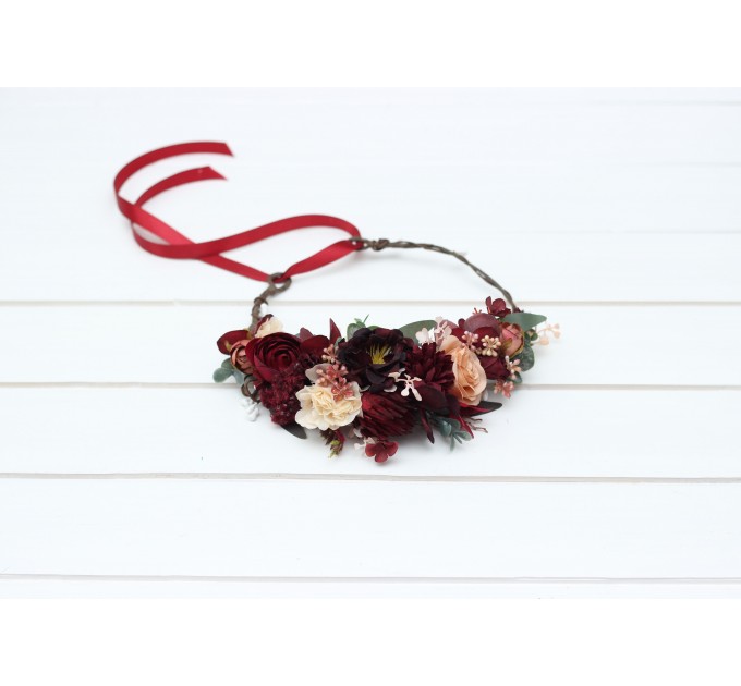 Burgundy red dusty rose peach flower crown. Hair wreath. Flower girl crown. Wedding flowers. 0501