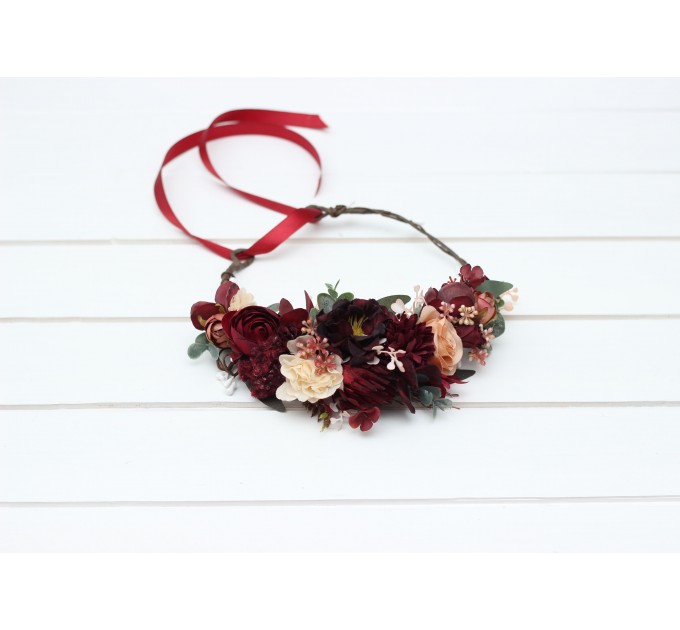 Burgundy red dusty rose peach flower crown. Hair wreath. Flower girl crown. Wedding flowers. 0501