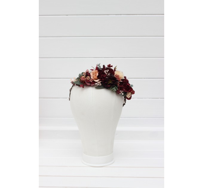 Burgundy red dusty rose peach flower crown. Hair wreath. Flower girl crown. Wedding flowers. 0501