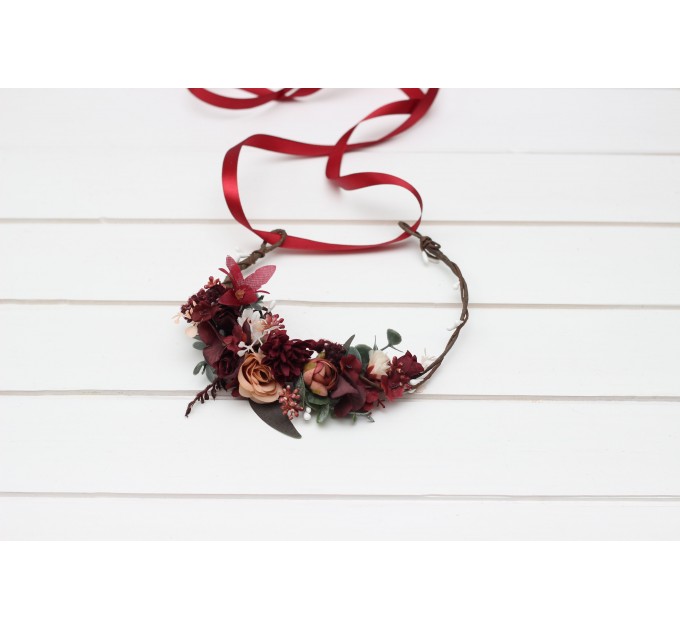 Burgundy red dusty rose peach flower crown. Hair wreath. Flower girl crown. Wedding flowers. 0501