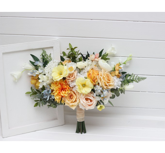Spring & Summer Wedding Cascading Bouquet in Orange, Peach, Yellow & Dusty Blue | Faux Bridal & Bridesmaid Bouquets