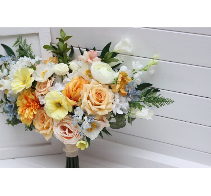 Spring & Summer Wedding Cascading Bouquet in Orange, Peach, Yellow & Dusty Blue | Faux Bridal & Bridesmaid Bouquets
