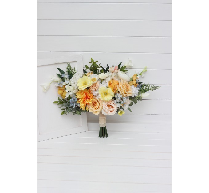 Spring & Summer Wedding Cascading Bouquet in Orange, Peach, Yellow & Dusty Blue | Faux Bridal & Bridesmaid Bouquets