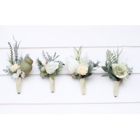  Wedding boutonnieres and wrist corsage  in sage green ivory  color scheme. Flower accessories. 5075