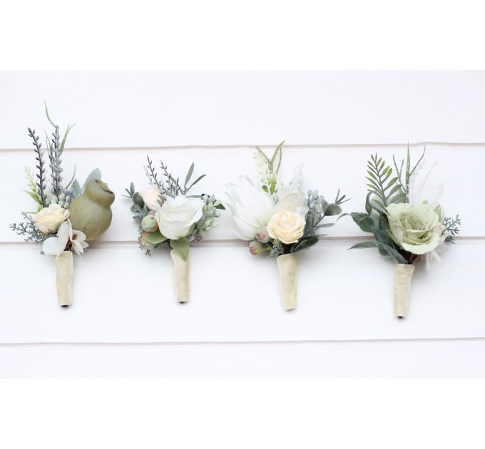 Wedding Boutonnieres & Wrist Corsage in Sage Green & Ivory | Faux Flower Accessories