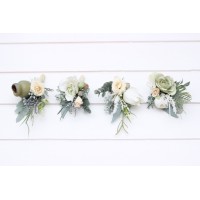  Wedding boutonnieres and wrist corsage  in sage green ivory  color scheme. Flower accessories. 5075